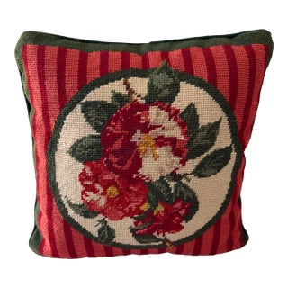 Vintage Floral and Striped Embroidered Wool Needlepoint Pillow in Red & Green For Sale