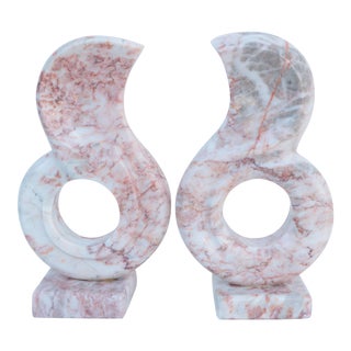Pink Marble Countoured Bookends - a Pair For Sale