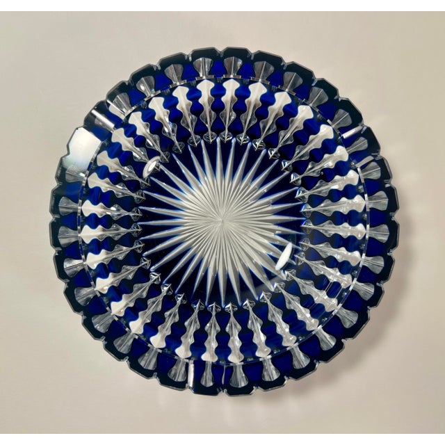 Vintage Moser Glass Czech Republic Cobalt Blue Cut to Clear Crystal Ashtray For Sale - Image 4 of 10