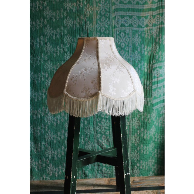 Large scalloped bell lampshades with fringe in a gorgeous off white or ivory floral fabric. Oriental or Asian style. 11"...
