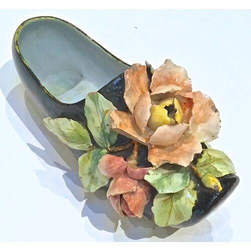 Antique Edouard Gilles French Barbotine majolica vase with large floral relief roses and foliage applied on a mottled...