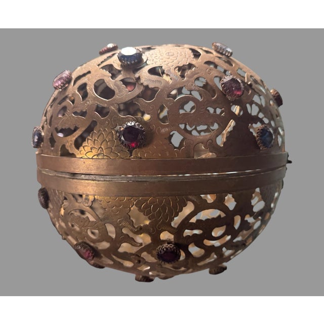 Vintage Japan Ornate Cut Out Brass Hanging Lamp Light Fixture W Faceted Jewels For Sale - Image 9 of 10
