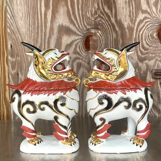 Ceramic Vintage Italian Gilt Tipped Lidded Porcelain Foo Dogs - a Pair For Sale - Image 7 of 7