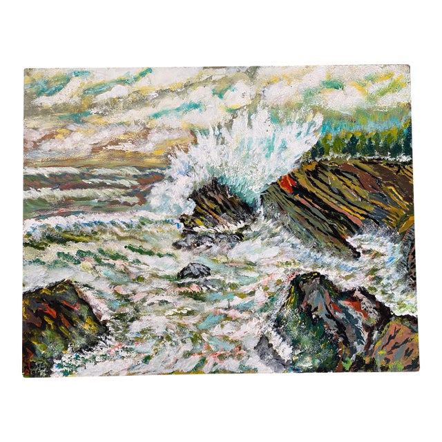 Vintage Abstract Seascape Oil Painting on Canvas — Expressive Coastal Modern Ar For Sale