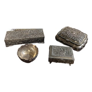 1970s Vintage Collection of Small Silver Jewelry Boxes With Velvet Lining and Catchall- Set of 4 For Sale