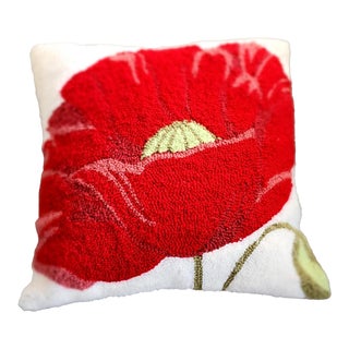 1990s Vintage Scarlet Poppy Hand Hooked Pillow 20" For Sale