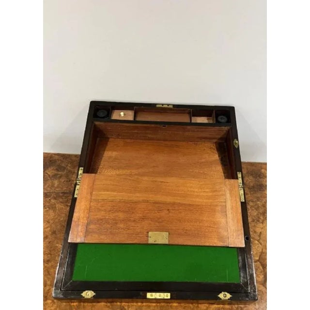 Brown Antique Victorian Brass Bounded Writing Box in Burr Walnut, 1860 For Sale - Image 8 of 9