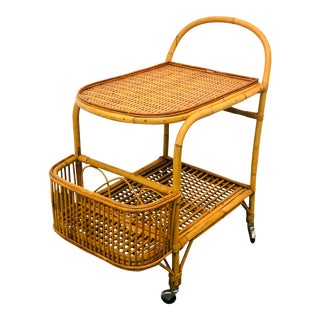 Vintage Boho Chic Rattan Rolling Bar Cart For Sale