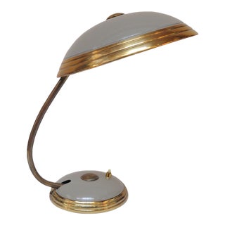 German Bauhaus-Style Table Lamp in Gray Metal and Brass by Helo Leuchten For Sale
