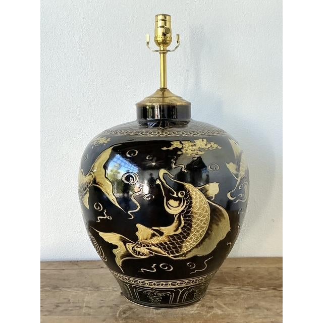 Chinoiserie Vintage Boho Glazed Ceramic Koi Lamp For Sale - Image 3 of 11