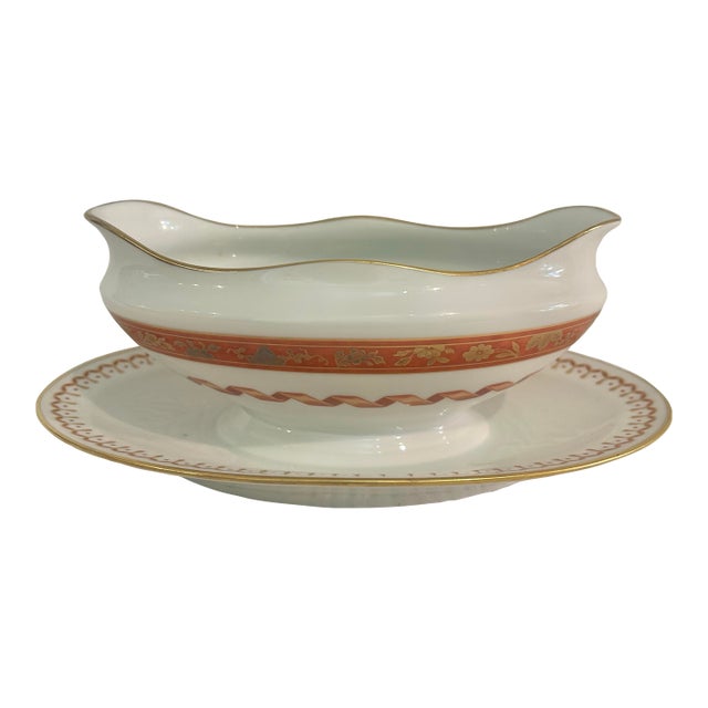 Late 20th Century Richard Ginori Porcelain “Pincio Red” Gravy Boat With Attached Underplate For Sale