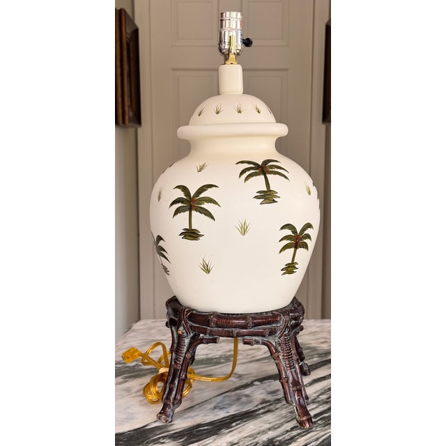 Wood Vintage Ginger Jar Palm Tree Motif Table Lamp For Sale - Image 7 of 18
