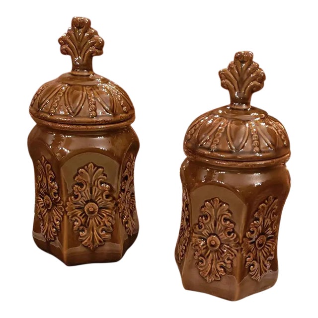 Fleur De Lis Ceramic Carved Urns or Vessels With Lids - Set of 2 For Sale