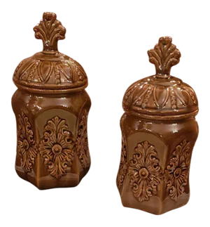Fleur De Lis Ceramic Carved Urns or Vessels With Lids - Set of 2