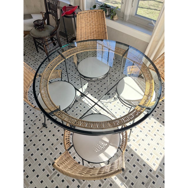 1960s Vintage Dining Set- Wrought Iron & Resin Wicker, Glass Top Table, 4 Chairs Attributed to Arthur Umanoff for Shaver Howard For Sale - Image 5 of 10