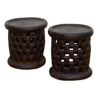 Set of 2, Bamileke Carved Geometric Lattice End Tables For Sale