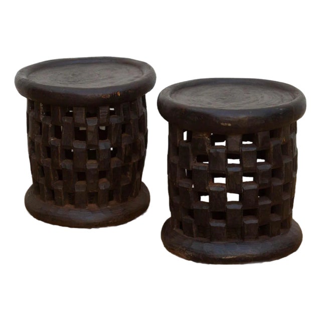 Set of 2, Bamileke Carved Geometric Lattice End Tables For Sale