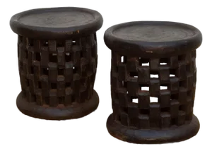 Set of 2, Bamileke Carved Geometric Lattice End Tables