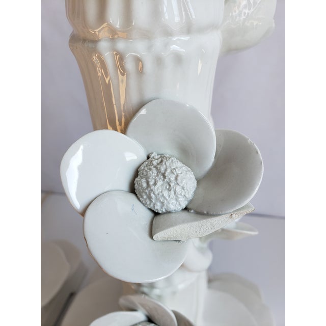 Mid Century Italian Ceramic Faux Bamboo & Lotus Flower Table Lamps-A Pair For Sale - Image 10 of 13