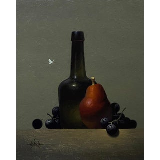 Red Anjou & Green Glass by Blair Atherholt | Oil on panel Still life of a bottle, pear, and grapes For Sale