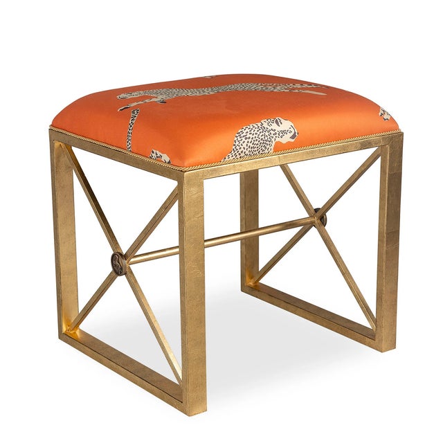 The Medallion Single Black Bench is shown with Scalamandre's whimsical "Leaping Cheetah" fabric in Clementine orange. We...