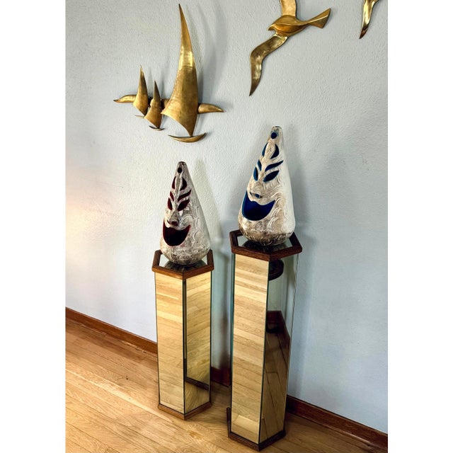 Silver 1970's Pair of Tall Hexagonal Mirrored Pedestals With Oak Wood Tops For Sale - Image 8 of 8
