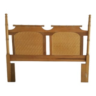 Late 20th Century Mid Century Faux Bamboo Maple Woven Split Reed Panels Queen Size Headboard For Sale