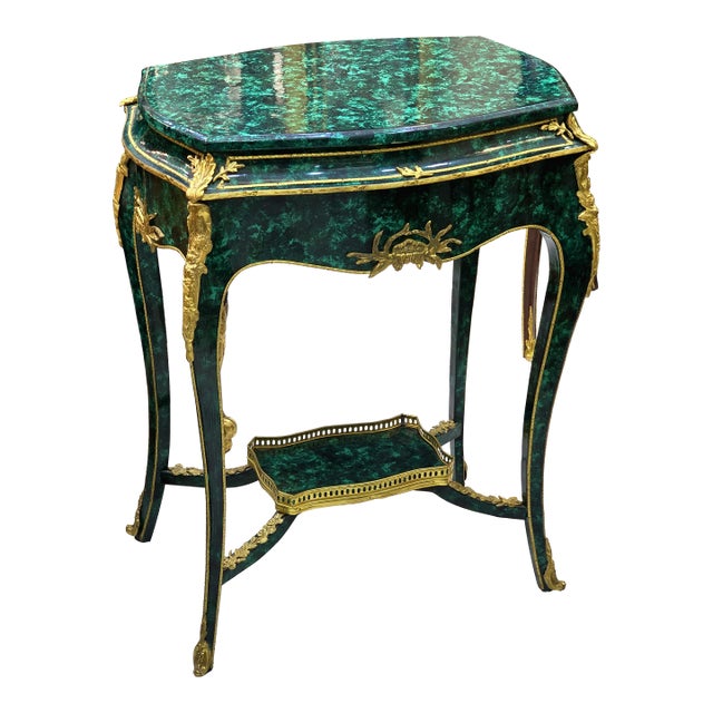 Decorative Green Accent Table – Bronze Ormolu Mounts With Gold Leaf Details For Sale