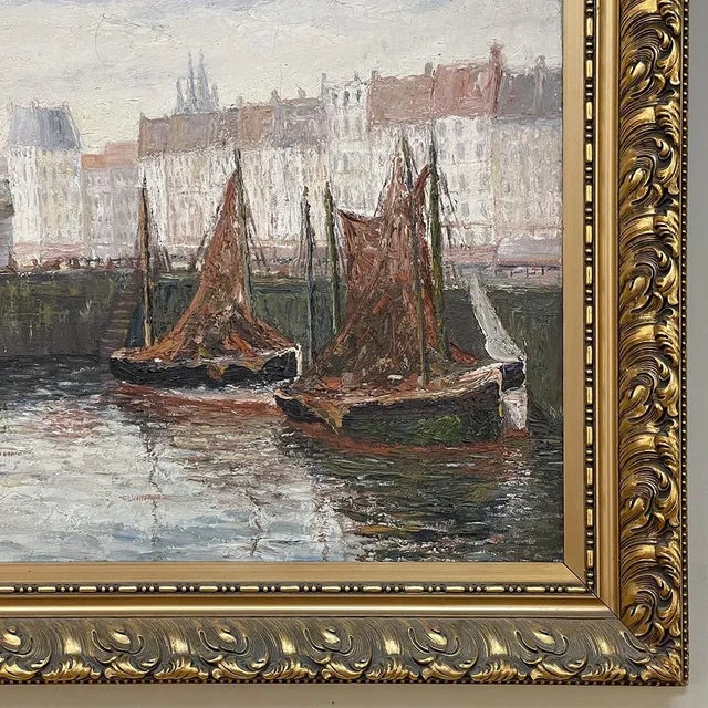 Greige Antique Framed Oil Painting on Canvas by G. Hodeige Dated 1936 For Sale - Image 8 of 13
