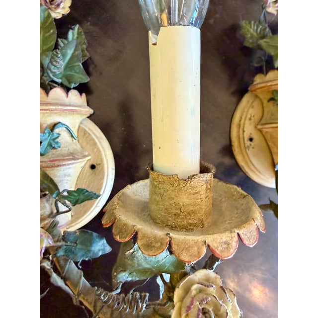 French Antique French Floral Tole Wall Sconces - a Pair For Sale - Image 3 of 17