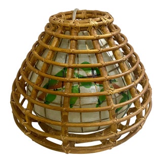 Vintage Rattan and Capiz Shell Pendant Light For Sale