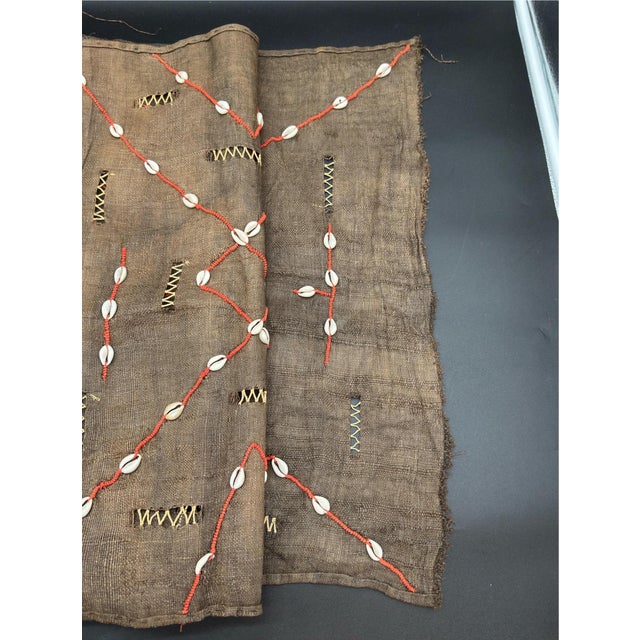 Vintage African Kuba Mud Cloth With Cowrie Shells and Orange Seed Beads in a Geometric Design For Sale - Image 9 of 14