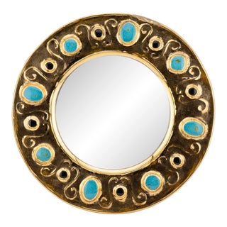 Francois Lembo Round Ceramic Mirror With Gold Crackle and Turquoise Cabochons For Sale