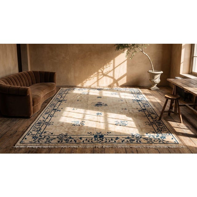 Exceptional Ivory Color With Unique Florid Design Antique Chinese Peking Rug For Sale - Image 12 of 13