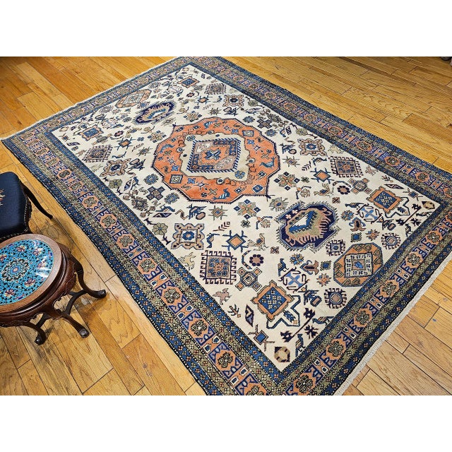 Persian Vintage Persian Ardabil Rug, Hand-Knotted Wool, Geometric Pattern, Ivory & Brick, 8x11 For Sale - Image 3 of 16