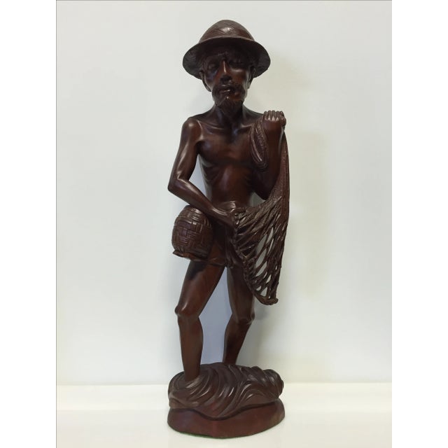 Hand Carved Rosewood 25" Asian Fisherman Statue For Sale In Charlotte - Image 6 of 6