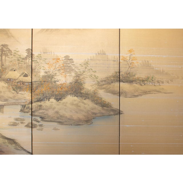 1960s Shōwa Era Japanese Byobu Screen, "Mountain Landscape With River and Bridge" For Sale - Image 10 of 18