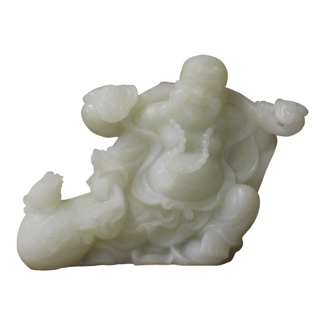 Chinese Oriental White Stone Carved Happy Buddha Statue Figure For Sale