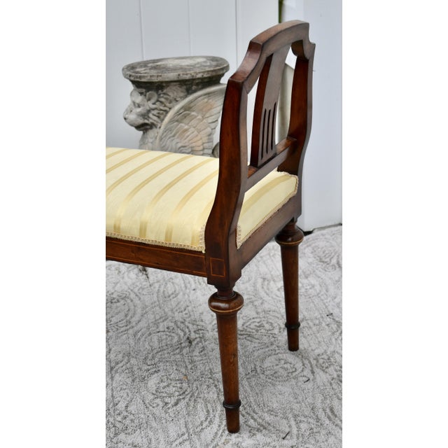 Traditional Antique Regency Walnut Vanity Bench Double Arm Inlaid Wood Gold Stripe 1910s For Sale - Image 3 of 13