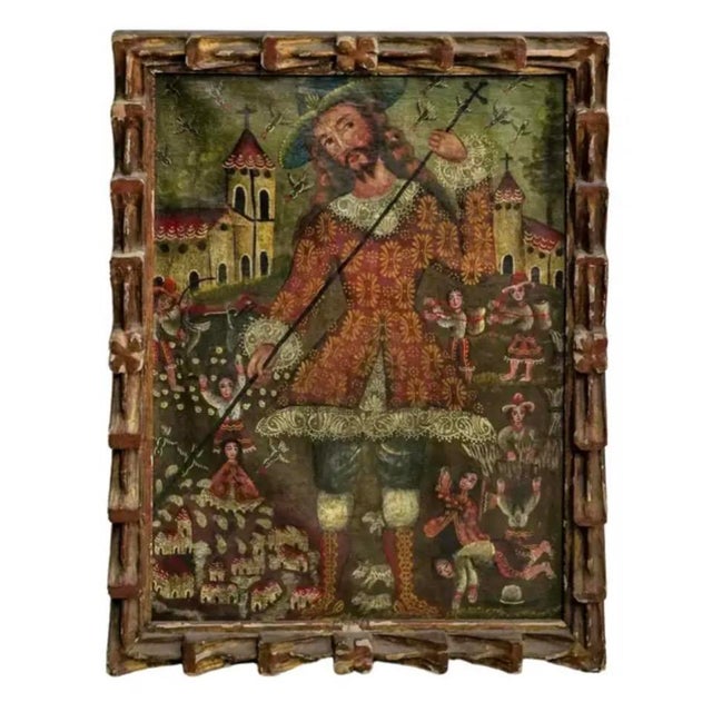 Red Cuzco School Oil on Canvas Painting of San Isidoro, Antique, Framed For Sale - Image 8 of 8
