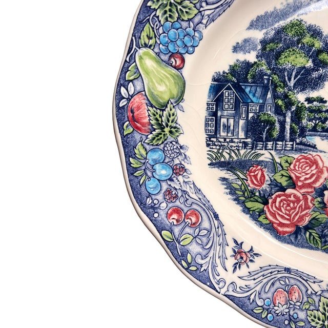 Blue Large Vintage Turkey Transferware Thanksgiving Serving Platter With Fruit Border For Sale - Image 8 of 8