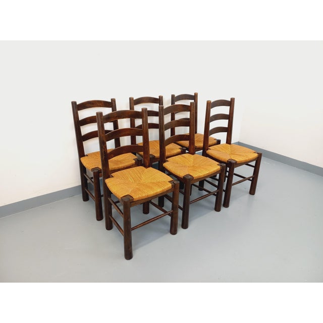 Six vintage Brutalist chairs from the 1950s/60s, French design attributed to Georges Robert, rustic chalet style...