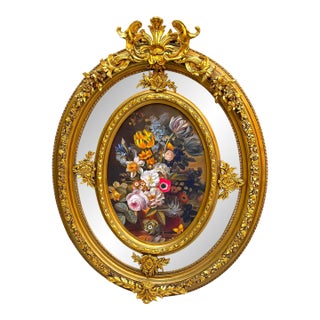 Rococo Oval Floral Painting With Mirror – Ornate Gold Leaf Frame & Decorative Artwork For Sale