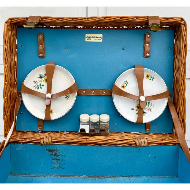 Brown Vintage English Sirram Wicker Picnic Hamper Suitcase With Blue Interior & Plates For Sale - Image 8 of 14