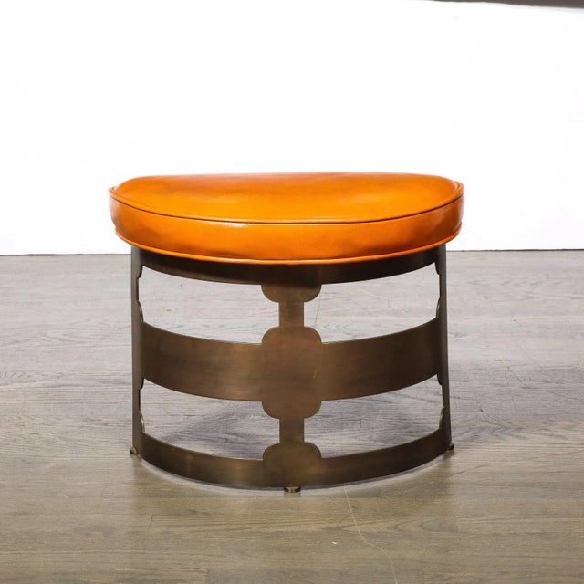 Pair Mid-Century Modernist Oil Rubbed Bronze & Leather Demilune Stools for Wyeth For Sale In New York - Image 6 of 8