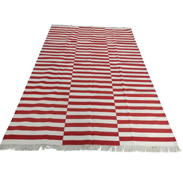 Textile Handmade Cotton Striped Rug, Red and White - 10'x14' For Sale - Image 7 of 10