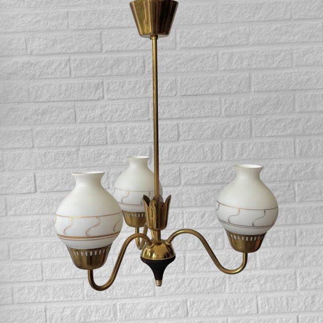 Mid-Century Modern Vintage Scandinavian Chandelier in Brass and Glass, 1940s For Sale - Image 3 of 11