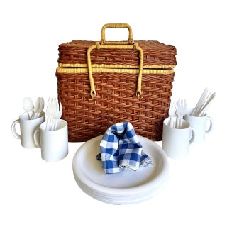 Vintage Woven Wicker Basket With Picnic Accessories- 22 Pieces For Sale