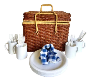 Vintage Woven Wicker Basket With Picnic Accessories- 22 Pieces