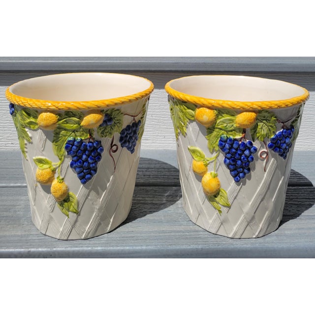 Rustic European 1980s Jay Willfred Hand Painted Ceramic Planters, 2 Pieces For Sale - Image 3 of 6